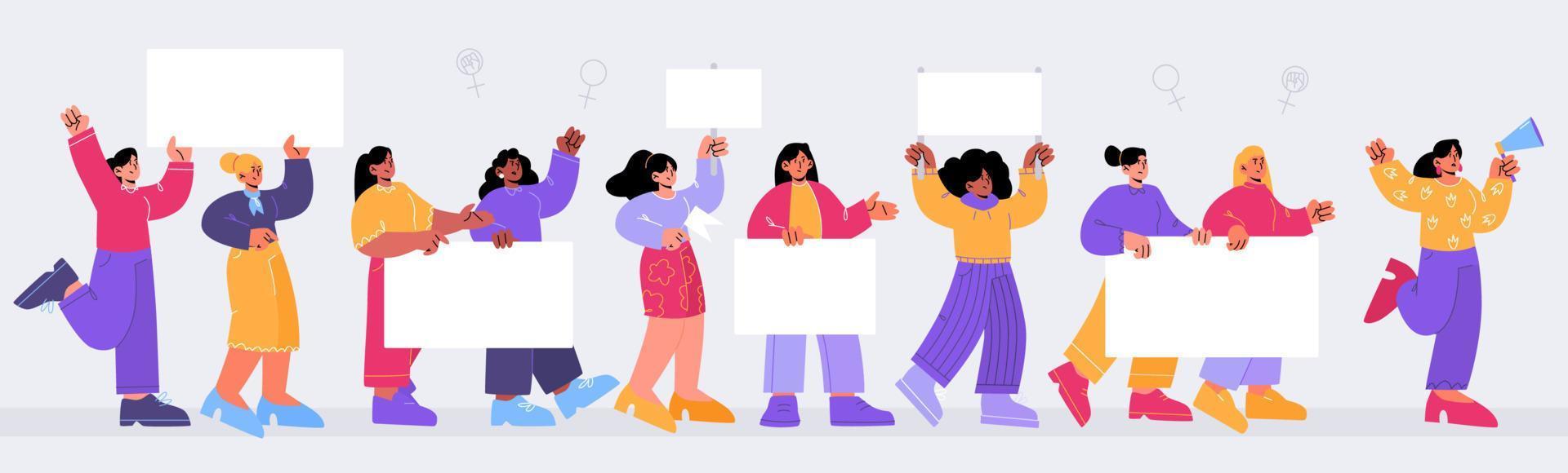 Group of women protesting vector flat characters