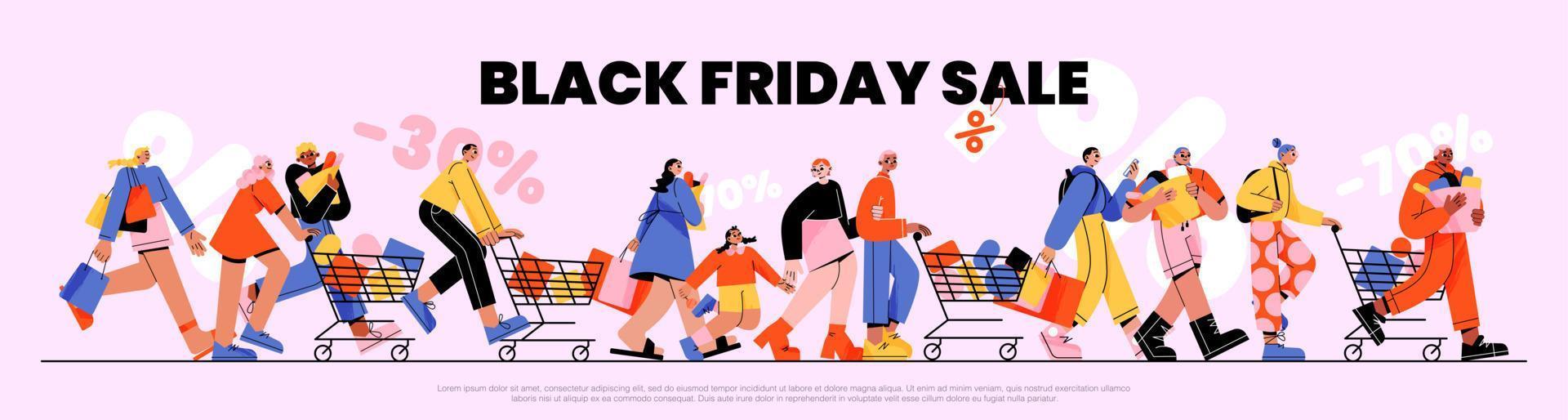 Black friday sale banner, people run for shopping vector