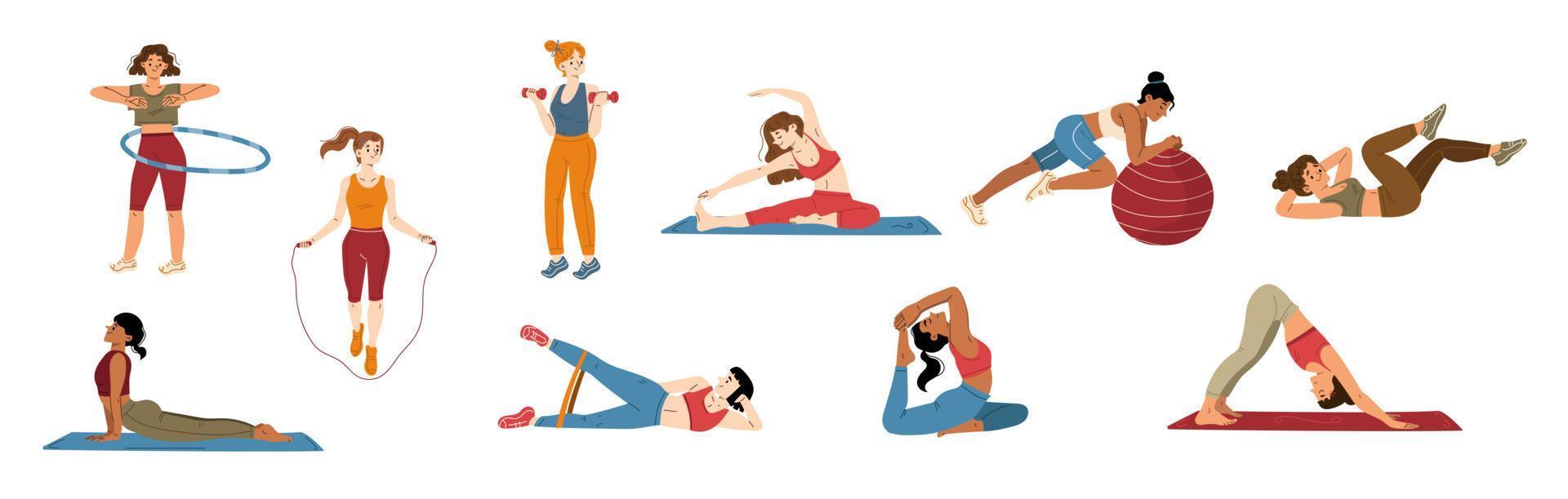 Woman workout and yoga exercises isolated set vector