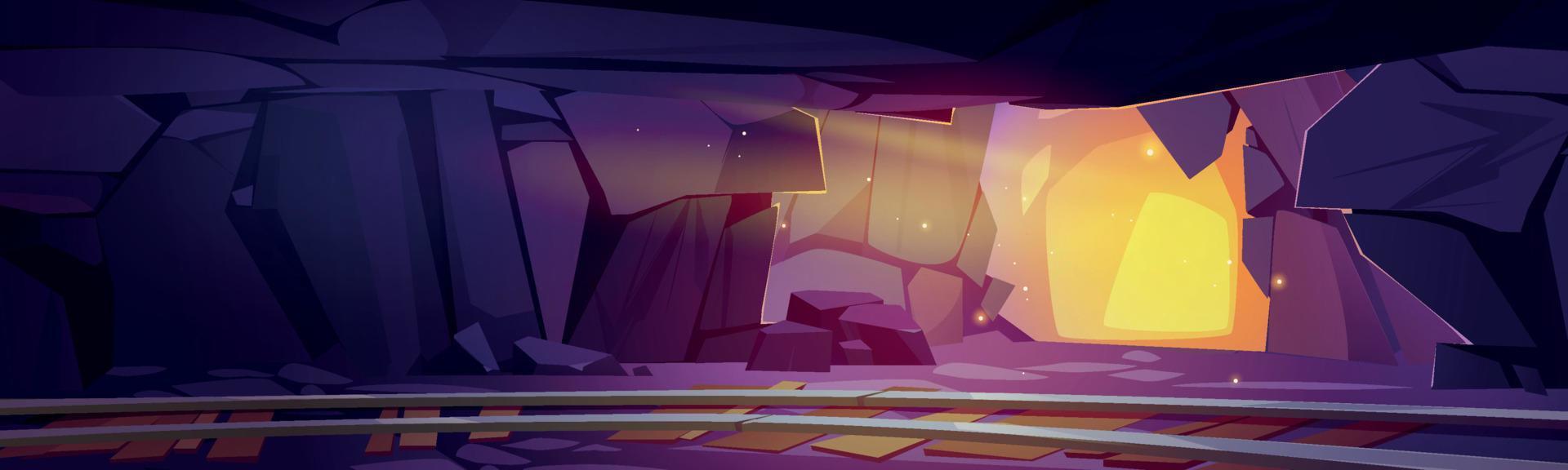 Cartoon gold mining rail in mountain treasure cave vector