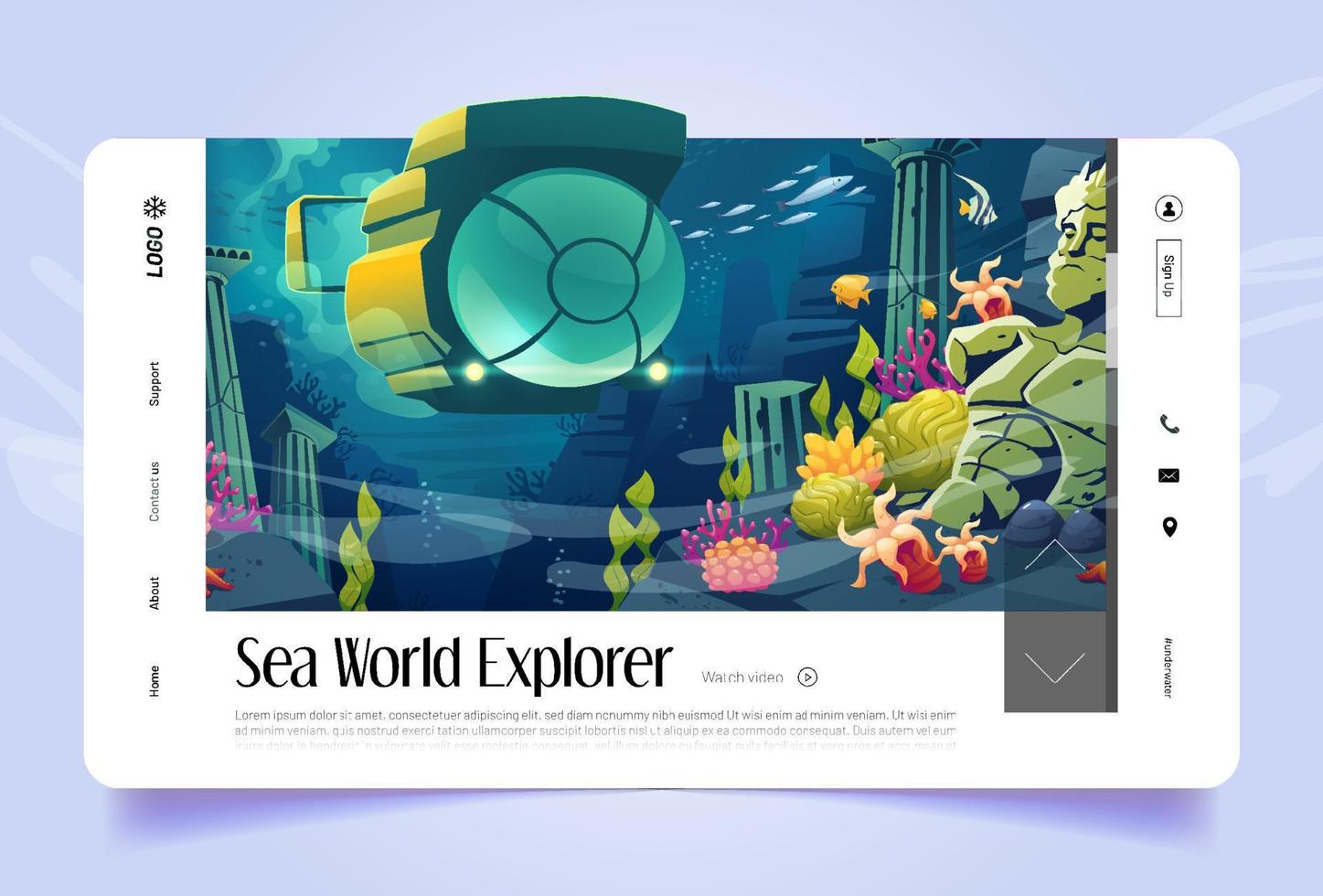 página de inicio de dibujos animados del explorador del mundo marino, pancarta vector