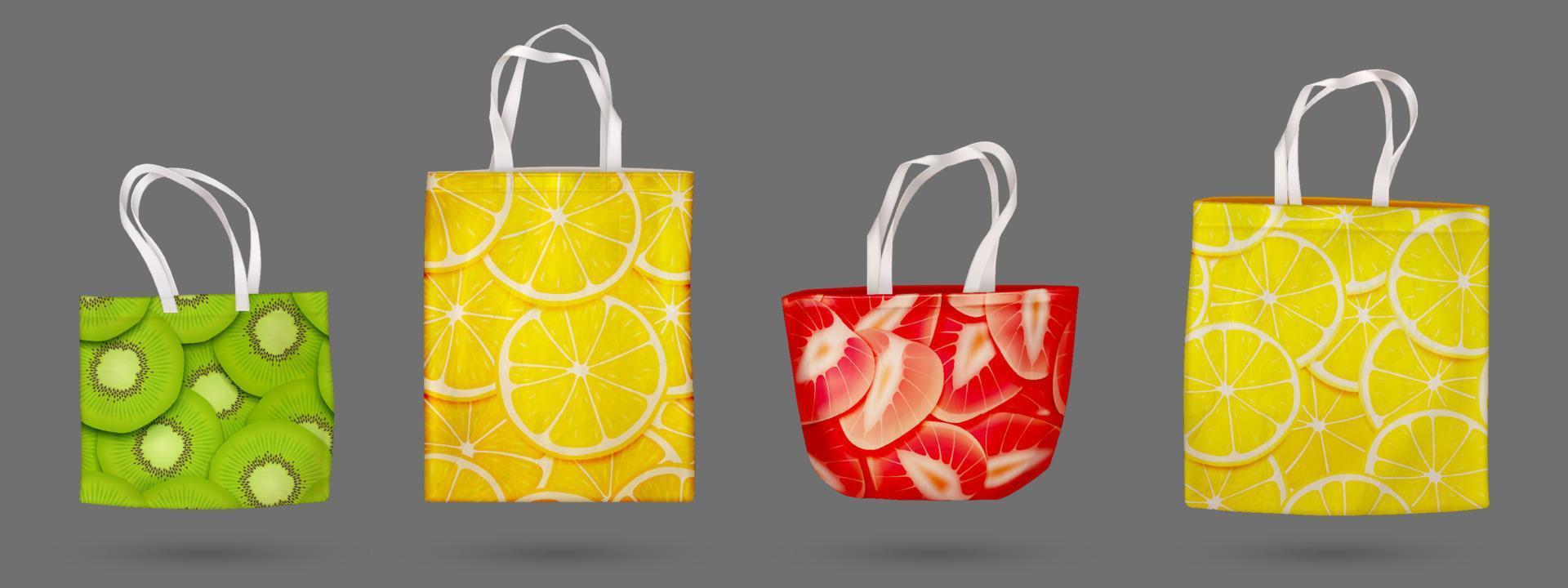 Cotton eco bags, fabric tote with fruit patterns vector