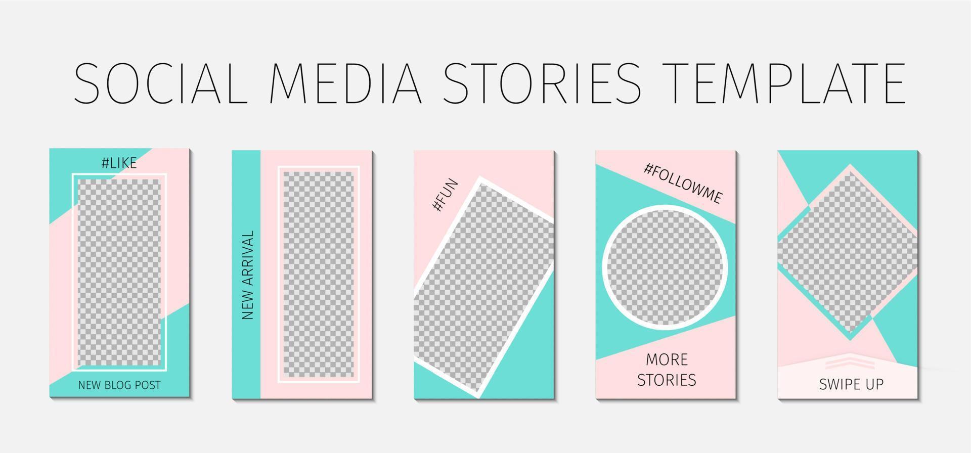 Social media stories template. Set of 5 layout for story for bloggers and SMM. Pink and mint green and pastel color palette. Editable web banners for mobile application. vector
