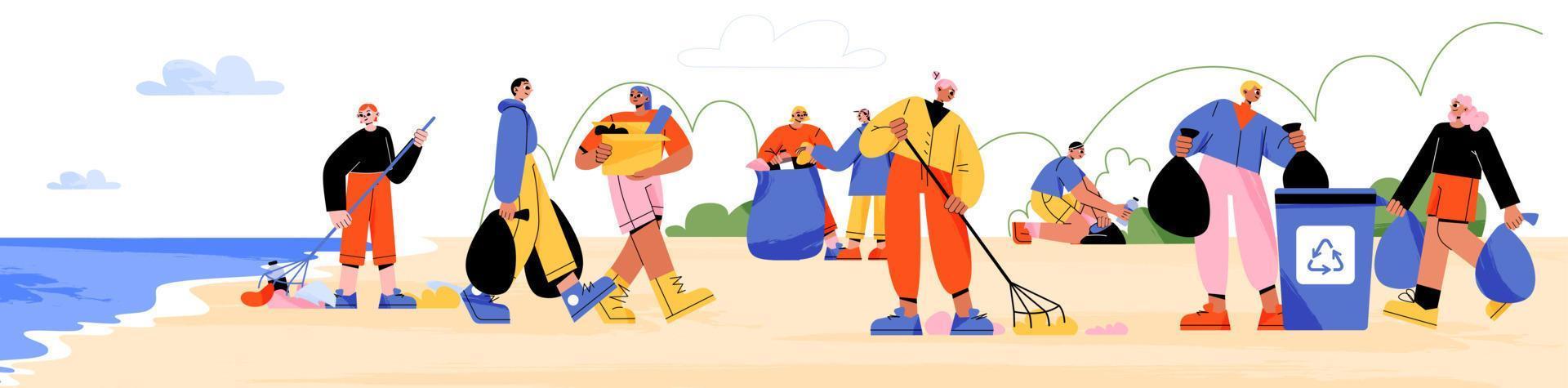 Ecology volunteers cleaning beach from trash vector