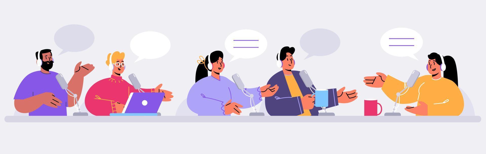Radio podcast hosts characters sitting at desks vector