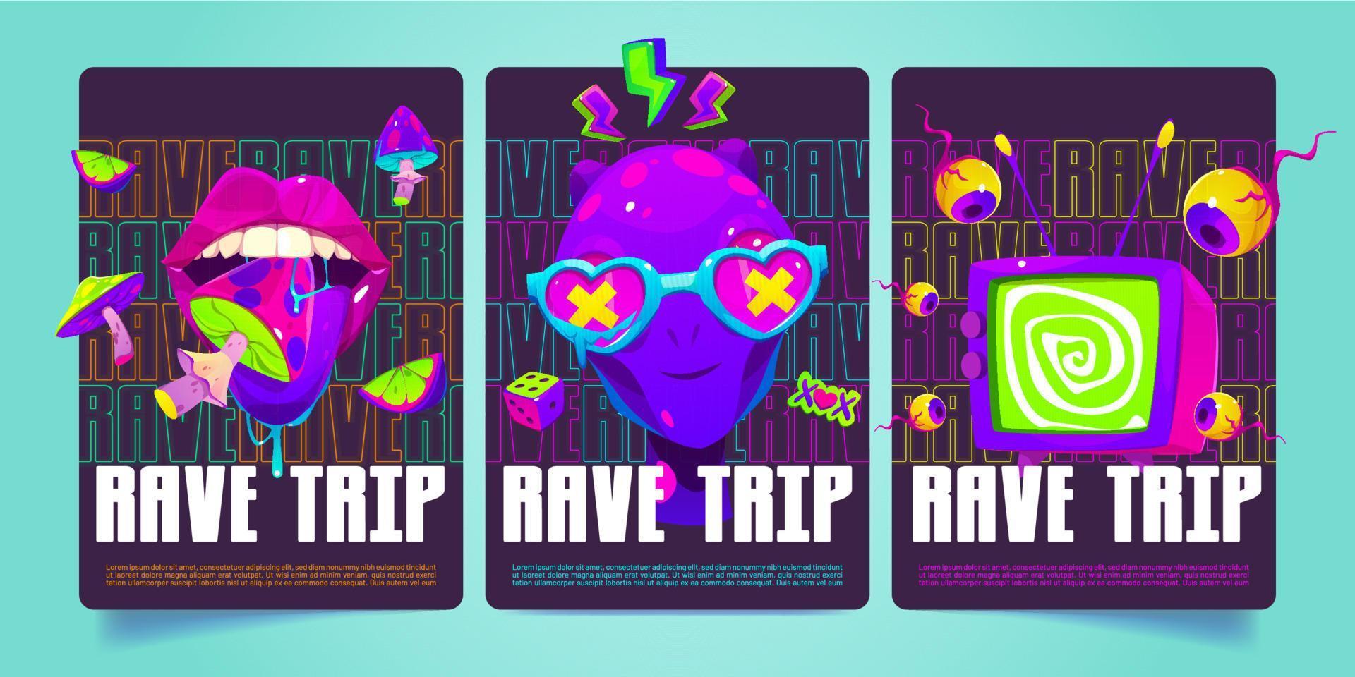Rave trip psychedelic posters, invitation flyers vector