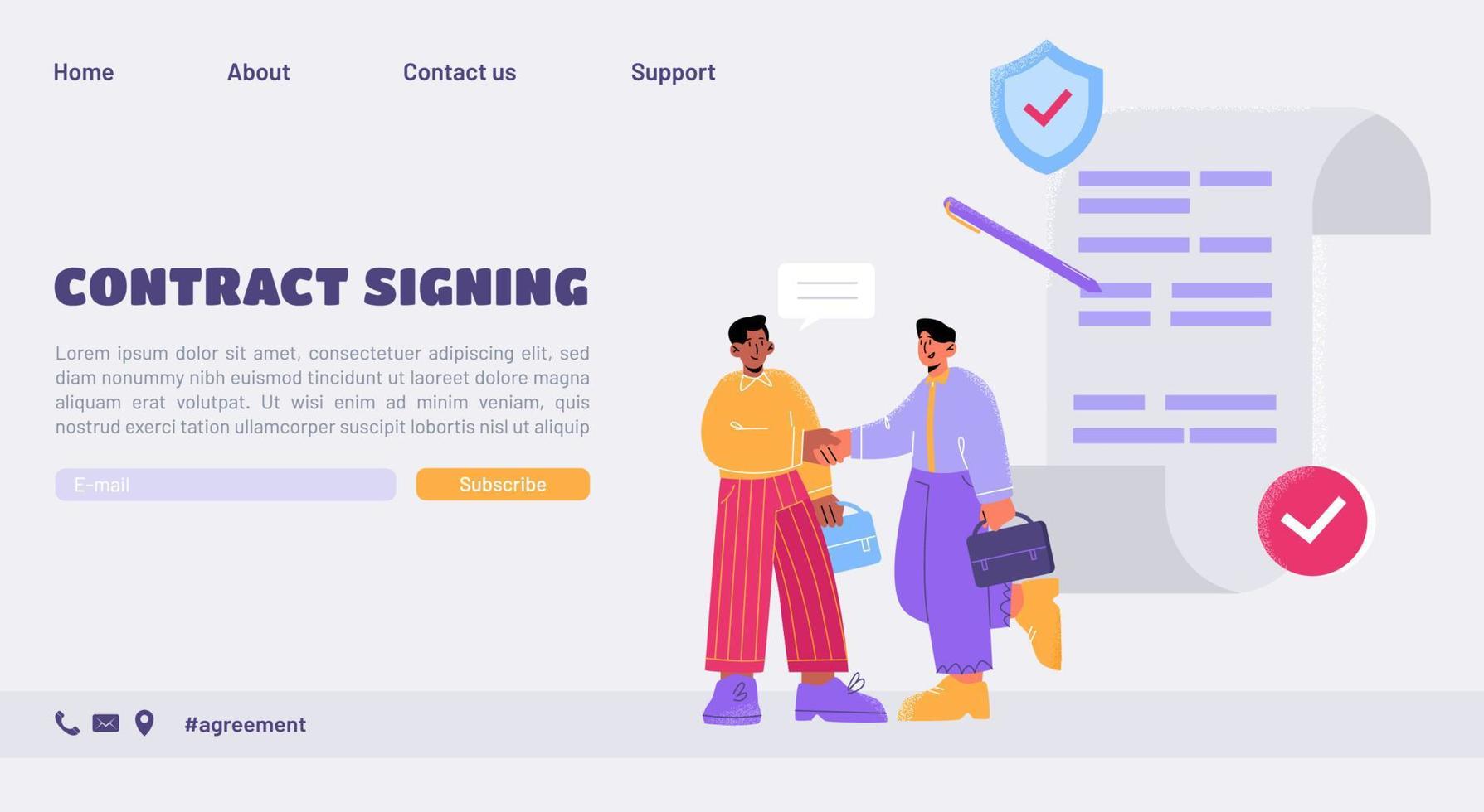Contract signing landing page handshaking partners vector