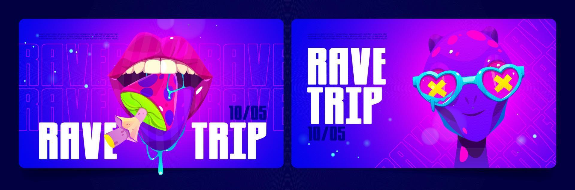 Rave trip banners with psychedelic illustrations vector