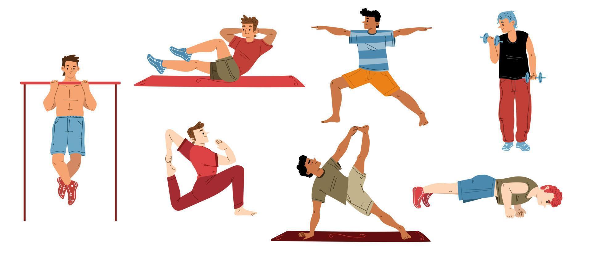 ejercicio de hombre, yoga, entrenamiento de personajes deportistas vector