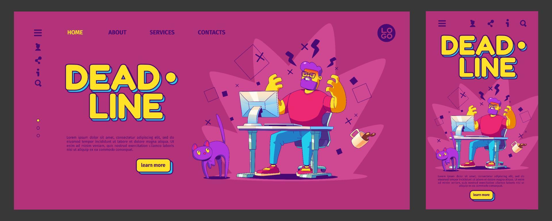 Deadline banner with angry man work on computer vector