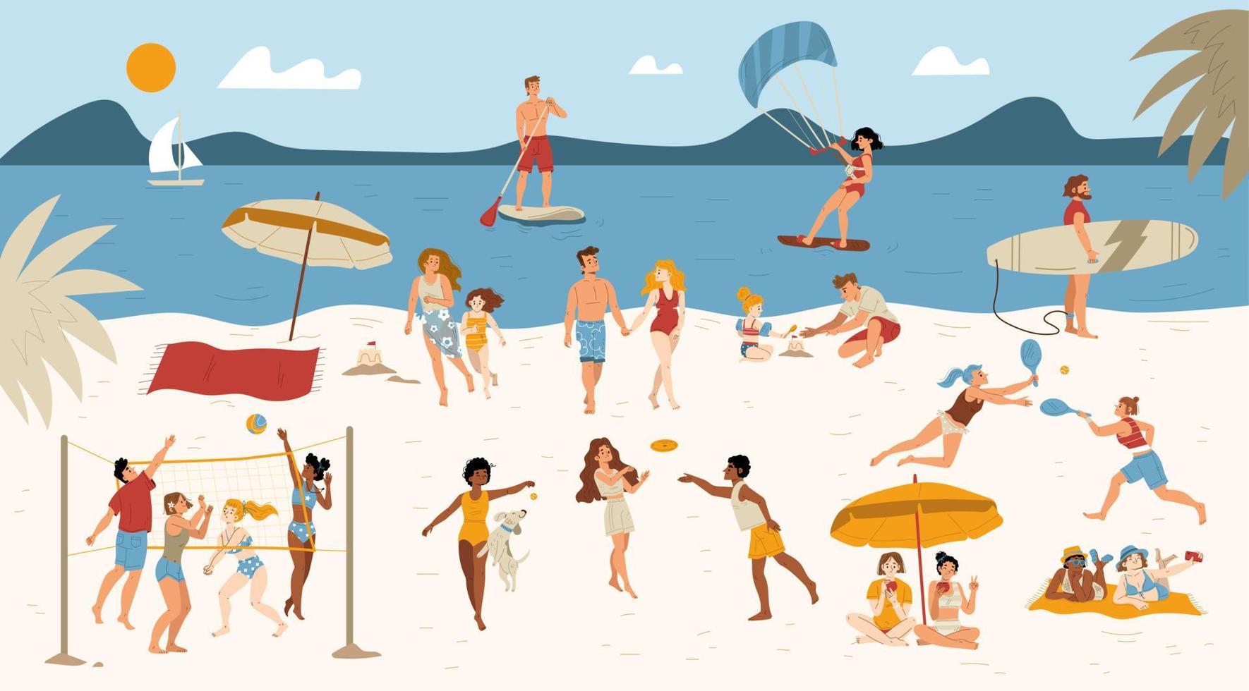 gente en la playa, personajes deportes de verano, ocio vector