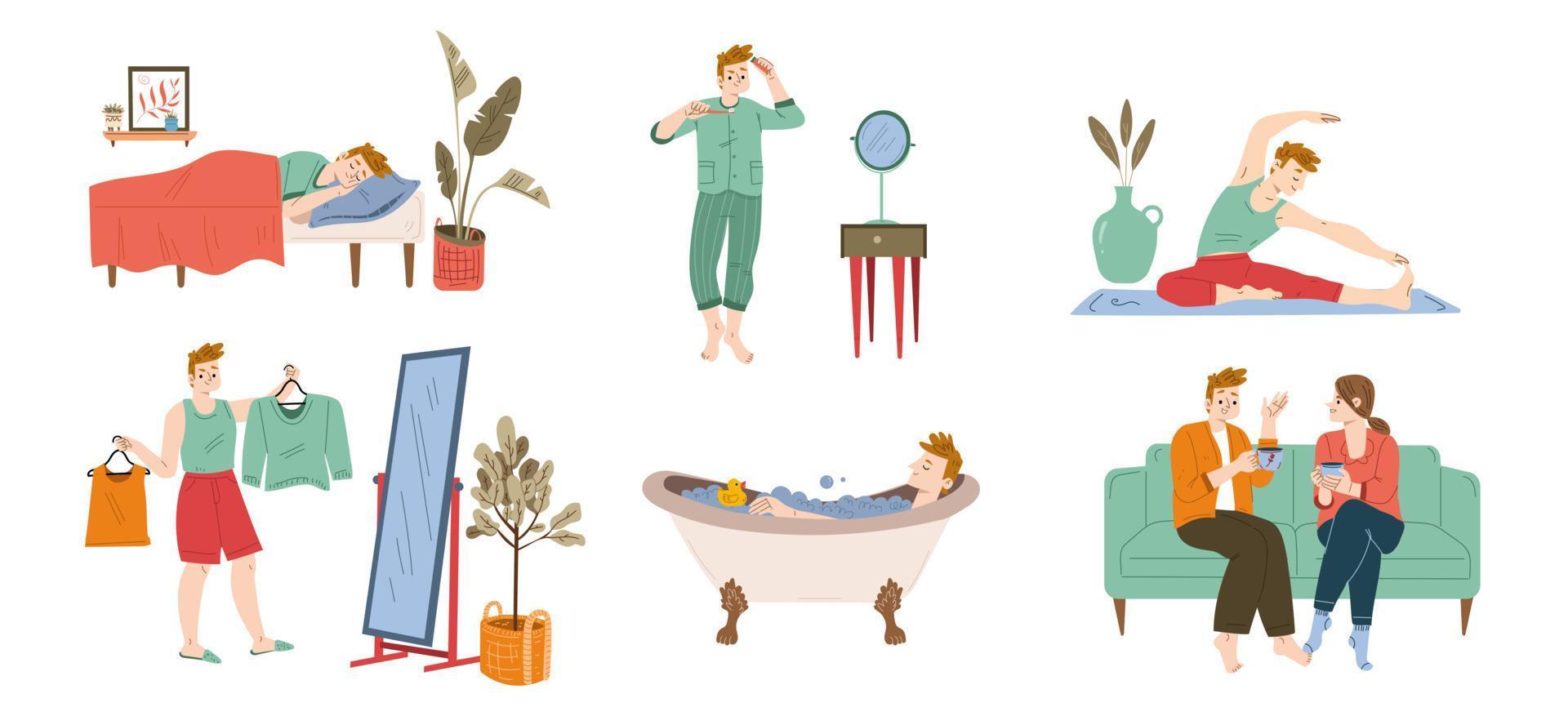 Everyday life routine of man, flat character set vector