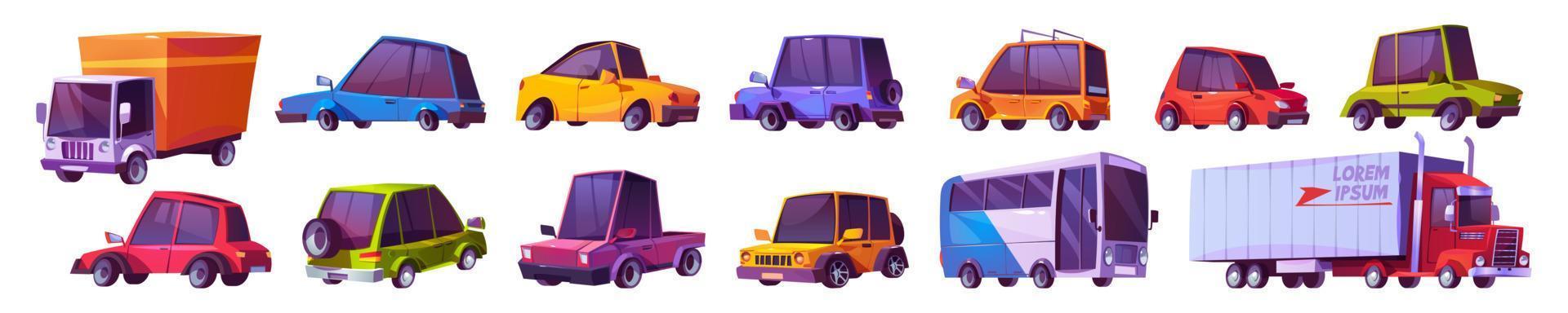 juego de coches de dibujos animados, automóviles modernos, autobús, camión vector