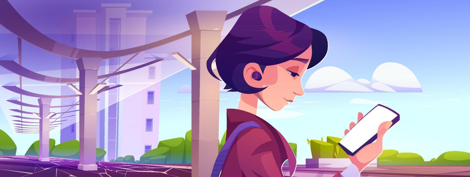 Cartoon woman with smartphone in city street vector