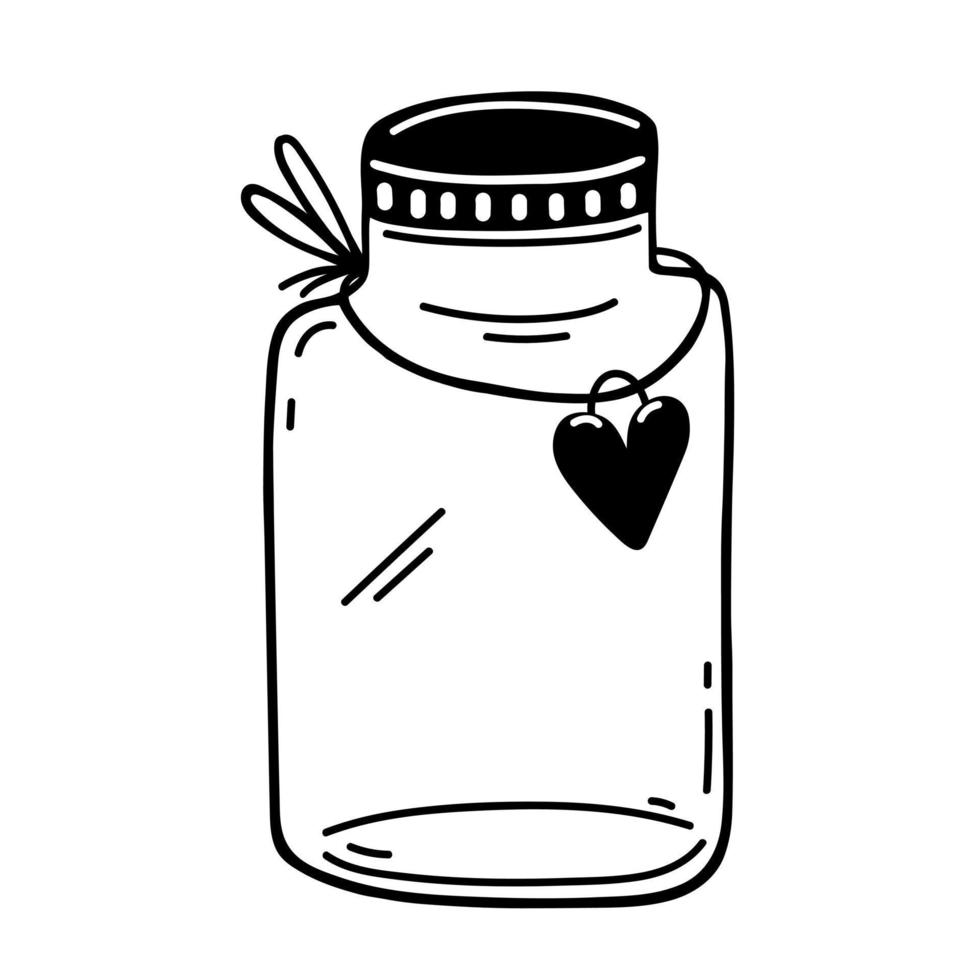 icono de vector de tarro de albañil. recipiente de vidrio dibujado a mano aislado en blanco. olla vintage vacía con etiqueta de corazón. garabato simple, boceto. Platos para almacenar alimentos, galletas. clipart para impresión, logotipo, web, aplicaciones