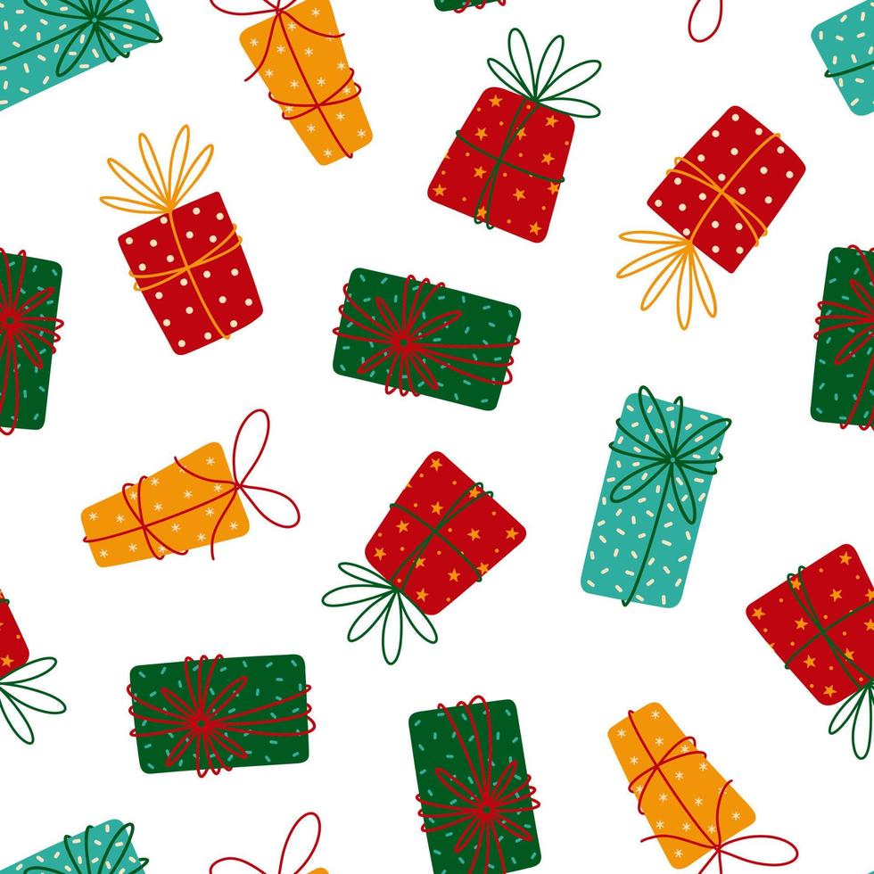 Surprise gift boxes seamless vector pattern. Presents for Christmas, New Year, birthday, holidays. Golden, red, green containers tied with a ribbon, bow. Flat background for wallpapers, textiles