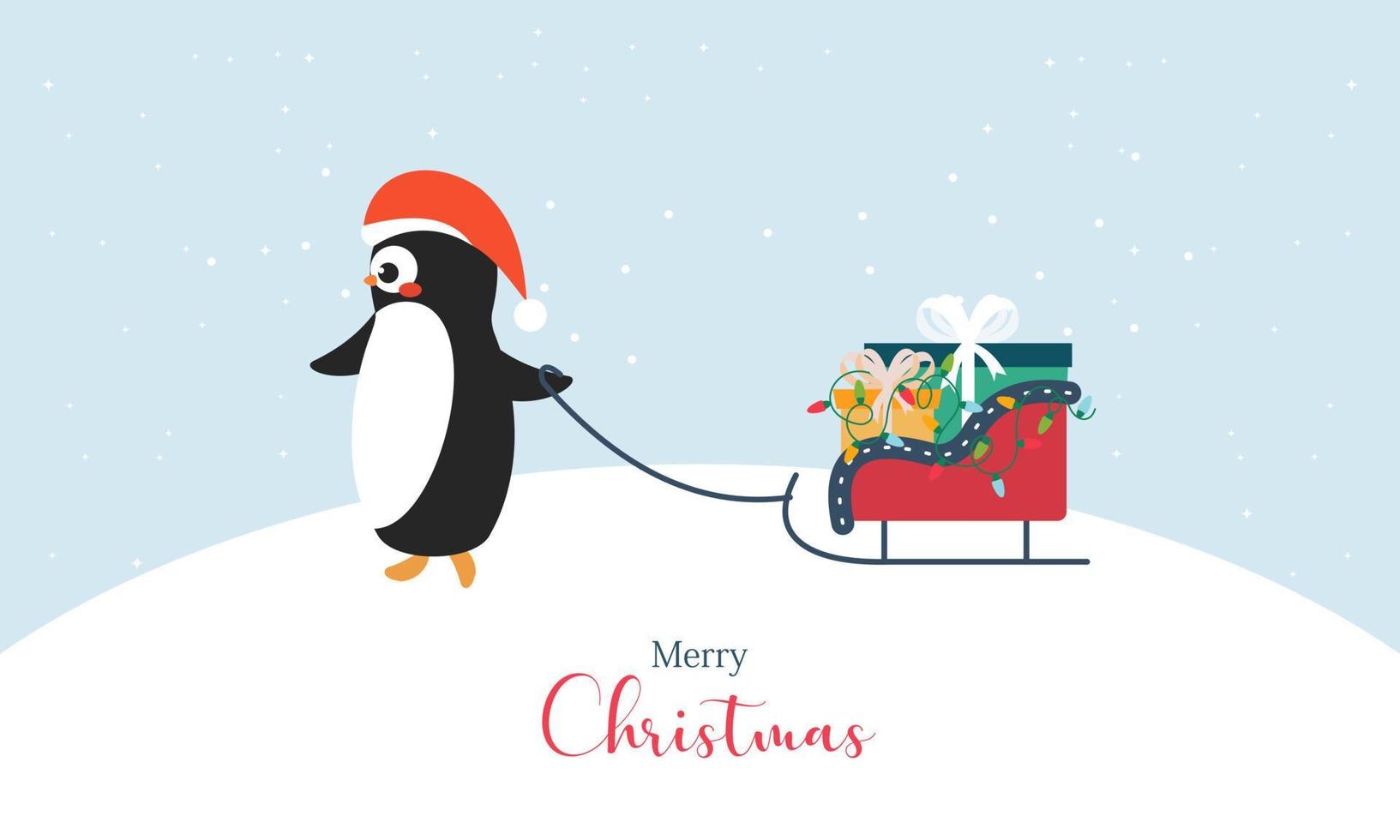 Tarjeta de feliz navidad con lindos pingüinos de invierno ilustración vectorial vector