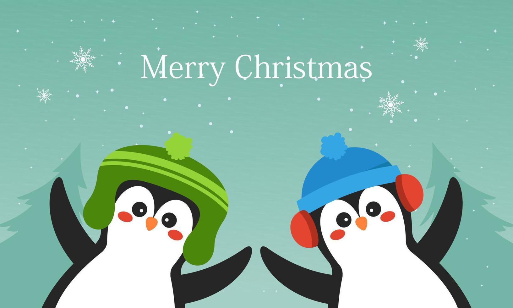 Merry christmas card with cute winter penguins vector illustration