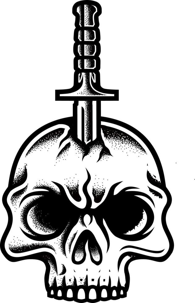 Vintage skull with dagger and bullet in monochrome style isolated vector illustration, Design element for logo, poster, card, banner, emblem, t shirt. Vector illustration