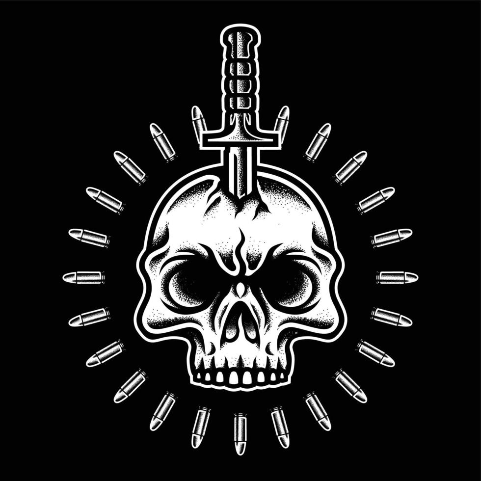 Vintage skull with dagger and bullet in monochrome style isolated vector illustration, Design element for logo, poster, card, banner, emblem, t shirt. Vector illustration