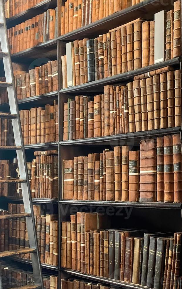 Old vintage books on a bookshelf with a ladder 2 photo