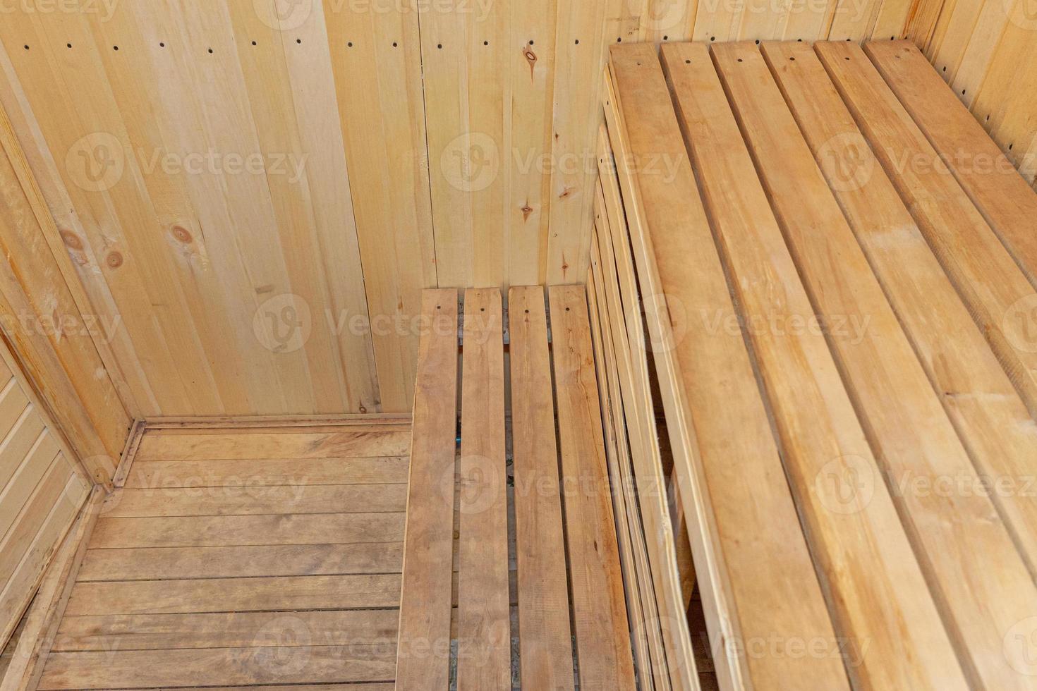 Interior details of traditional Finnish sauna steam room. Traditional old Russian bathhouse SPA Concept. Relax country village bath concept. photo