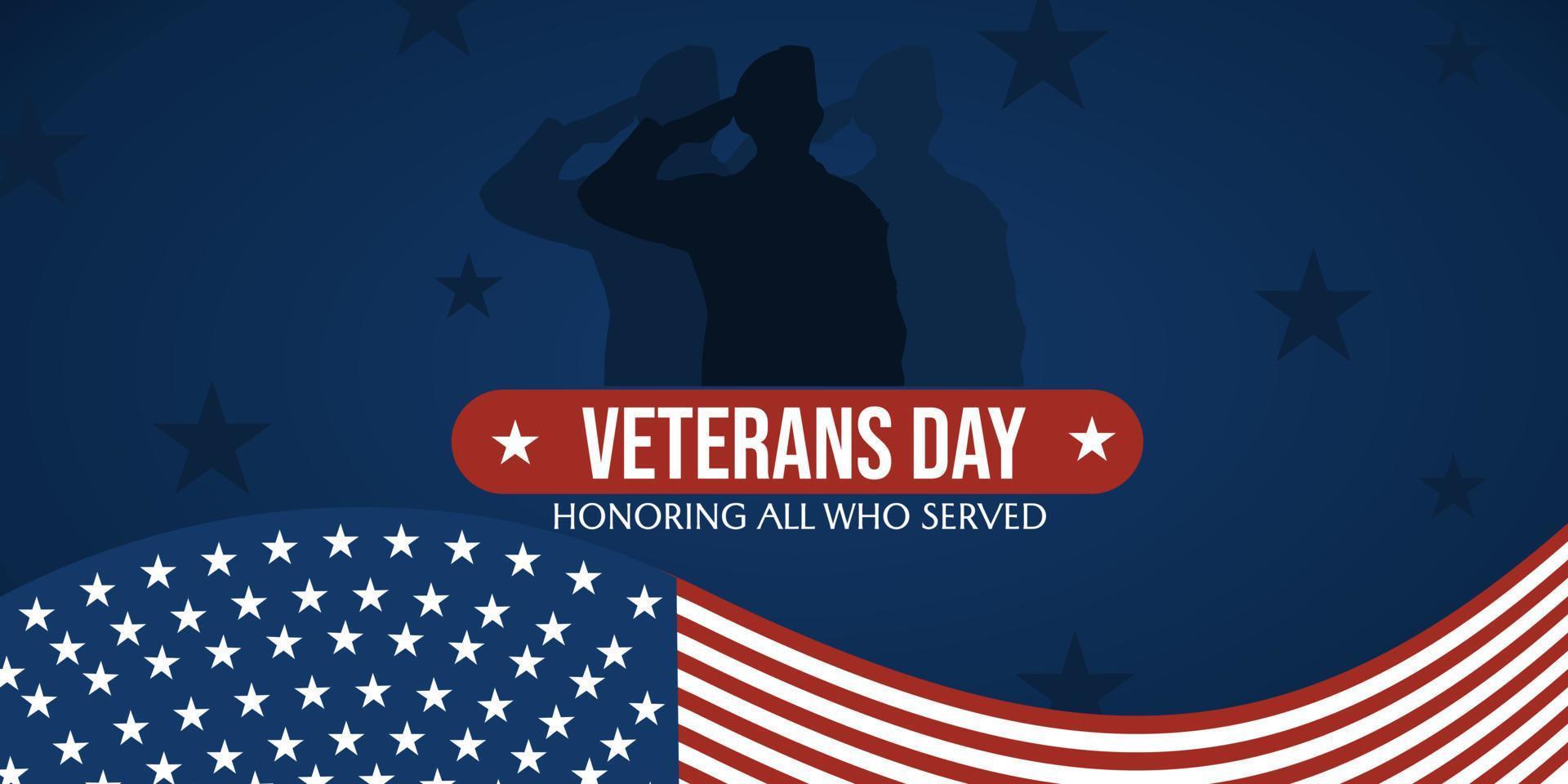 Veterans day banner. Honoring all who served. November 11. illustration with american flag and soldier silhouette vector