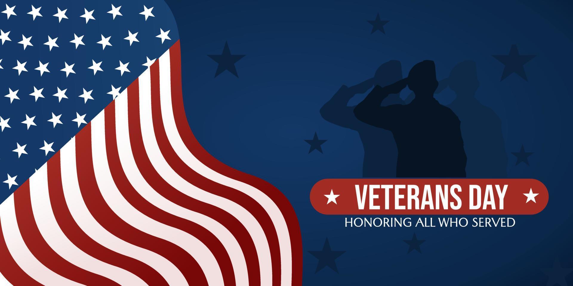 Veterans day banner. Honoring all who served. November 11. illustration with american flag and soldier silhouette vector