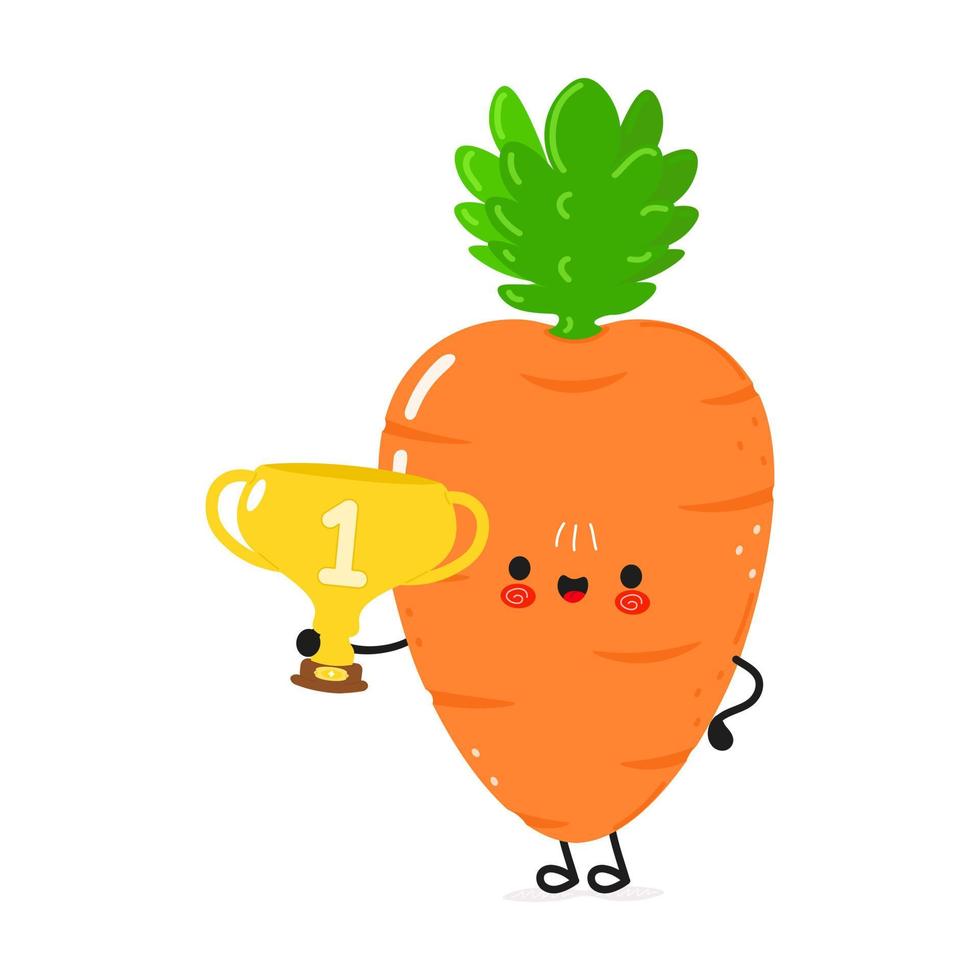 linda zanahoria divertida sostener copa de trofeo de oro. icono de ilustración de personaje kawaii de dibujos animados dibujados a mano vectorial. aislado sobre fondo blanco. zanahoria con copa de trofeo ganador vector