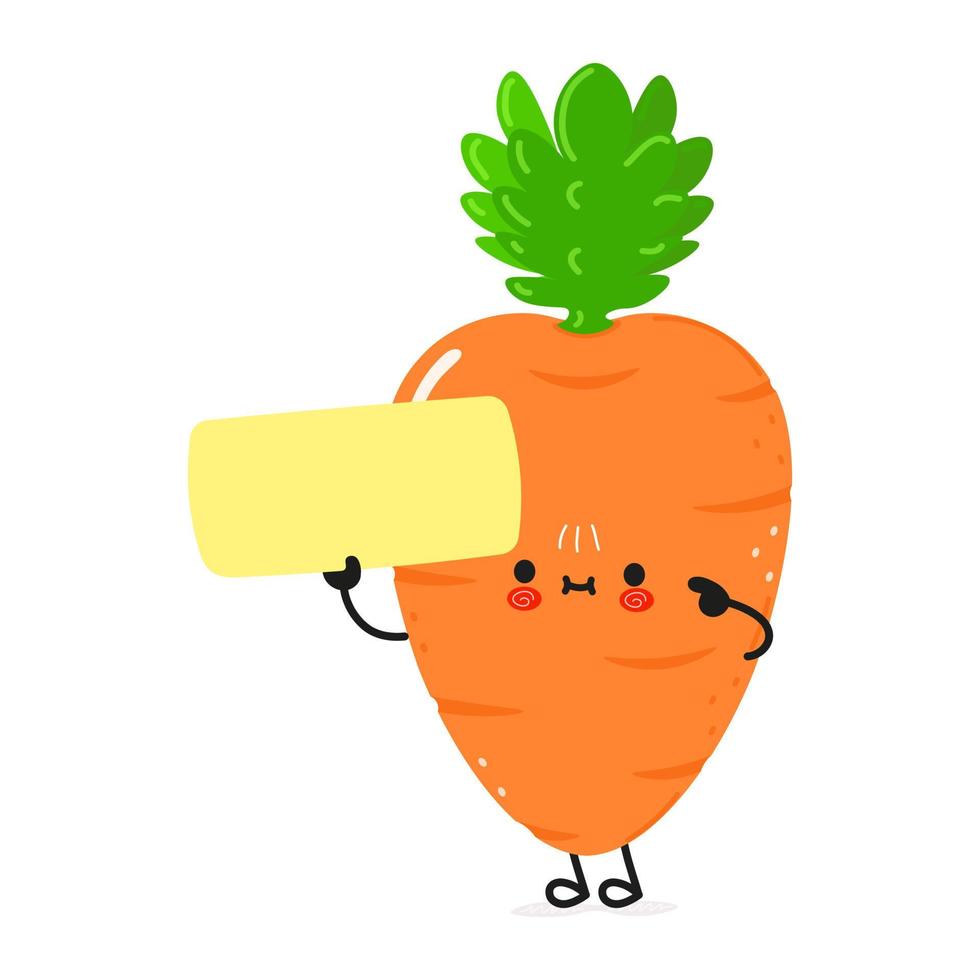 lindo personaje de cartel de zanahoria. ilustración de personaje kawaii de dibujos animados dibujados a mano vectorial. fondo blanco aislado. zanahoria con cartel vector