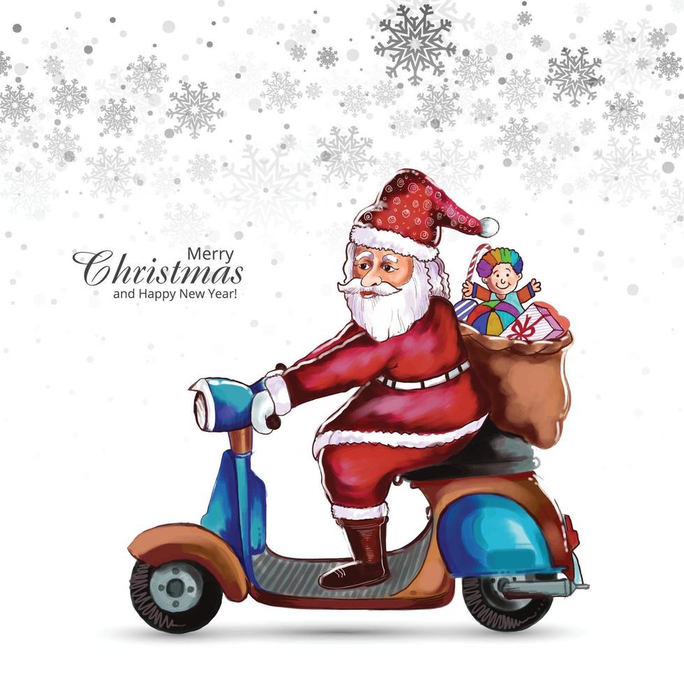Merry christmas and happy new year with santa claus on riding a scooter card background vector