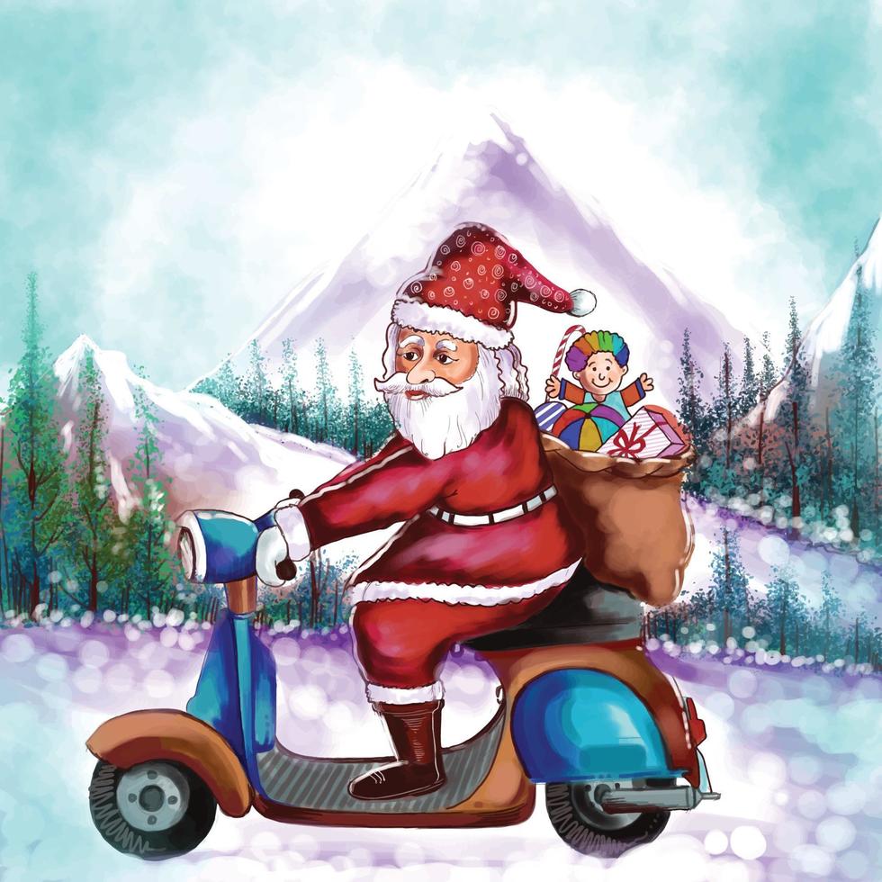 feliz navidad y feliz año nuevo tarjeta de felicitación con santa claus montando un fondo de scooter vector