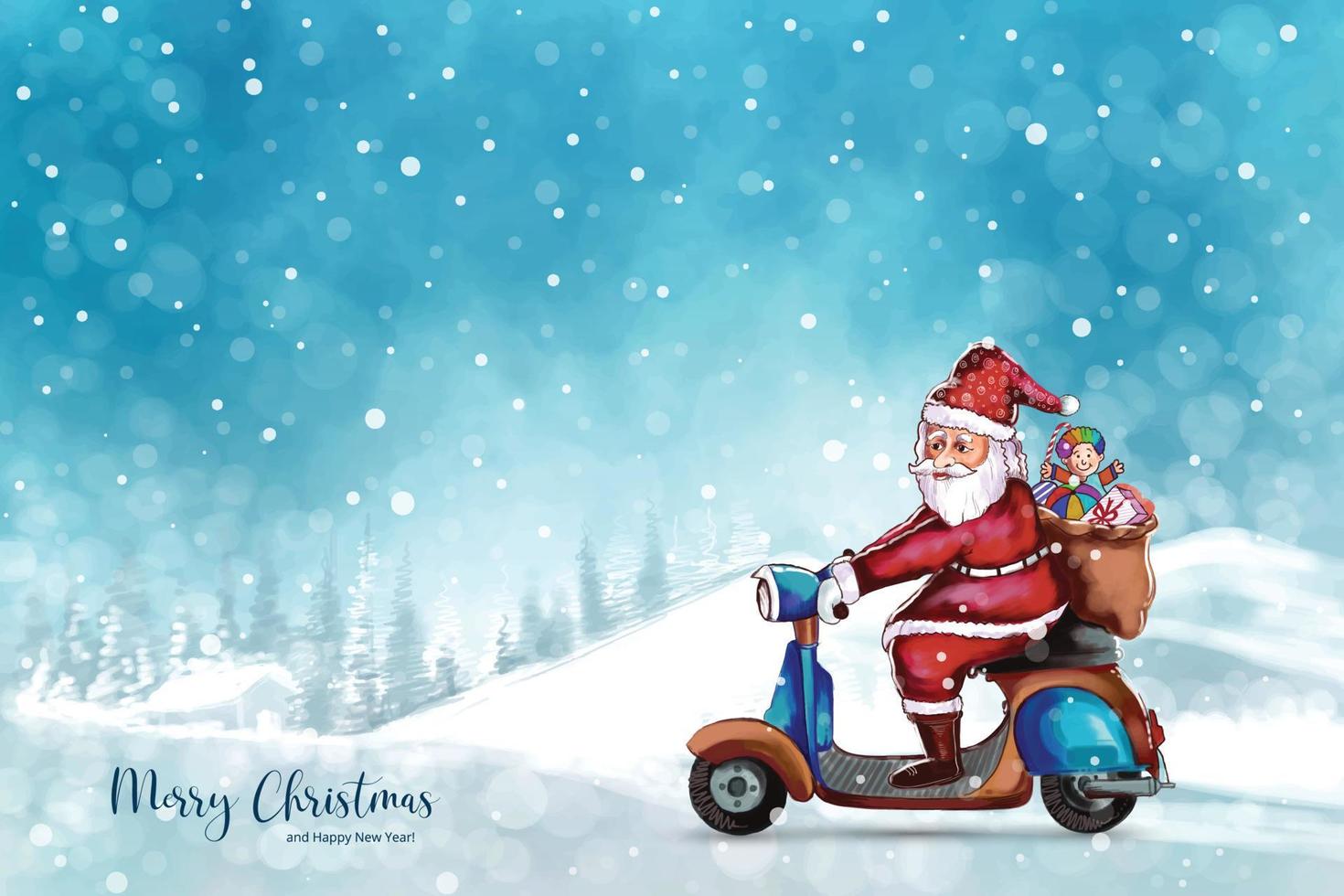 Beautiful christmas landscape in winter with santa claus on riding a scooter background vector