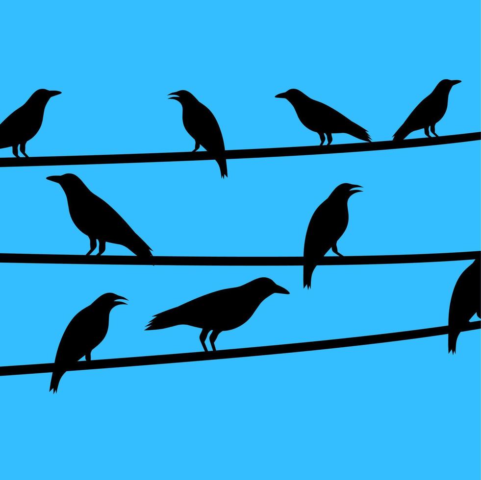 Silhouette vector illustration of crows sitting lined up on a wire line. On a blue sky background. Minimal flat design.