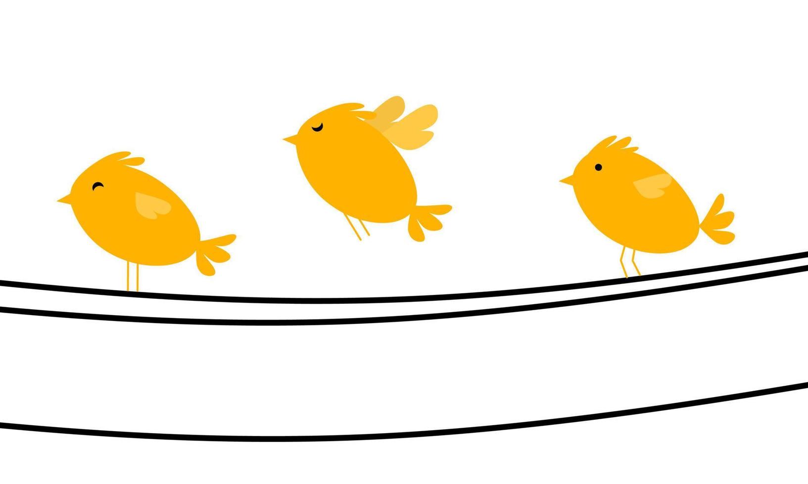 A group of cute orange birds sitting on a cable. The concept of a bird sitting and flying isolated on a white background. Great for children's book covers and bird web logos. Vector illustration