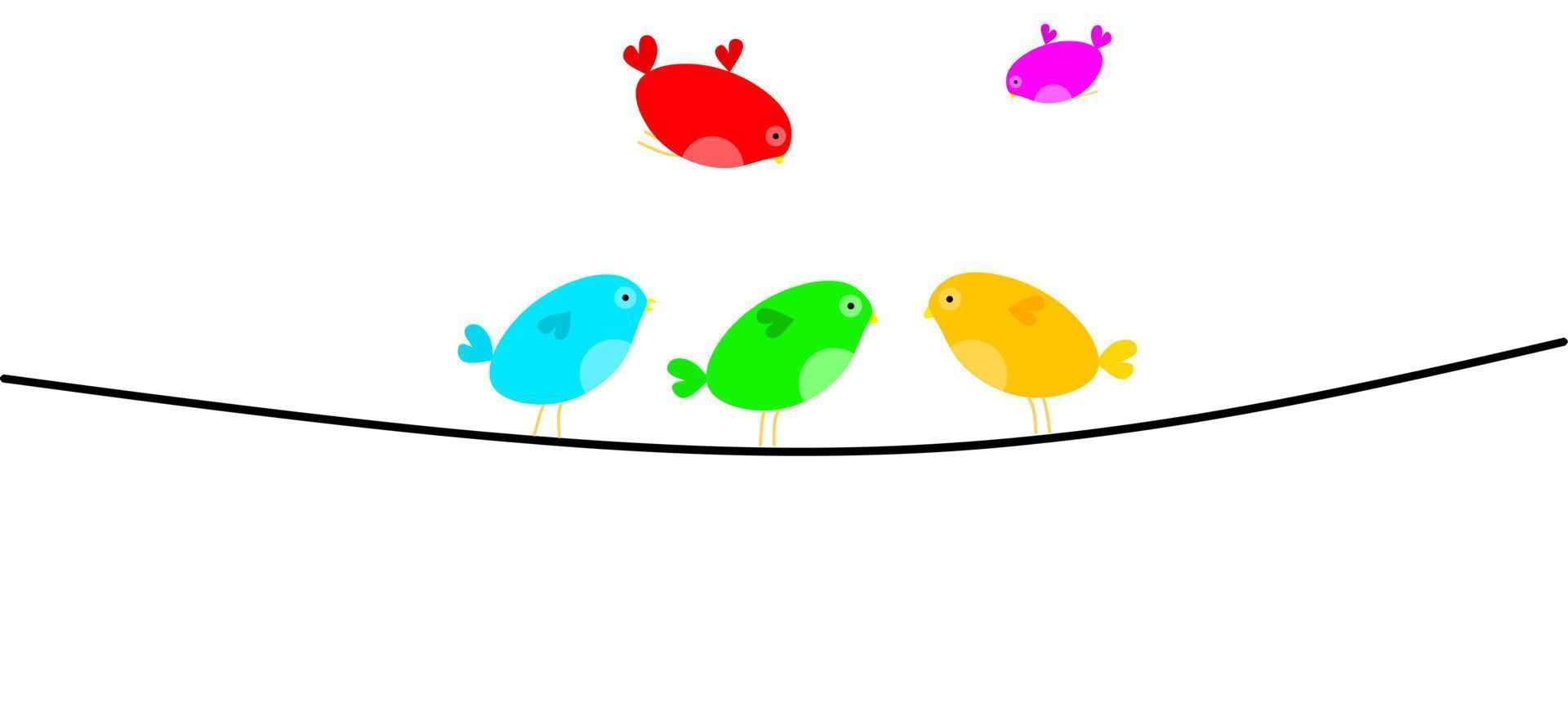 pájaros coloridos sentados en los cables. lindo concepto de pájaro aislado en un fondo blanco. ideal para carteles de portada de libros infantiles. ilustración vectorial vector