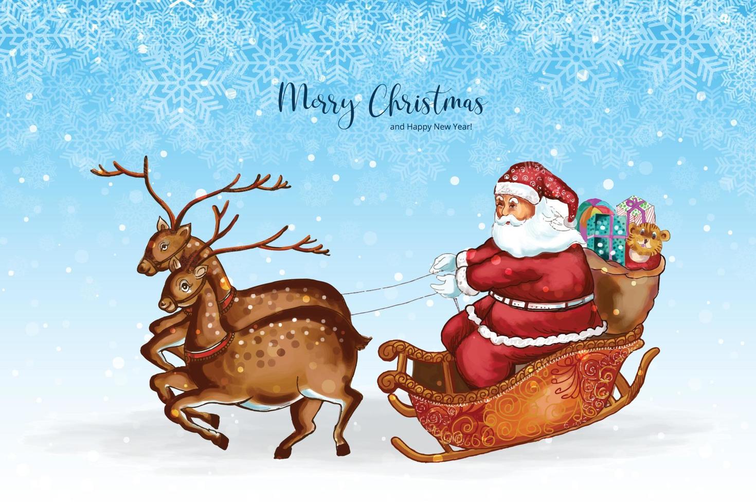 Merry christmas with santa claus reindeer card on snowflakes background vector