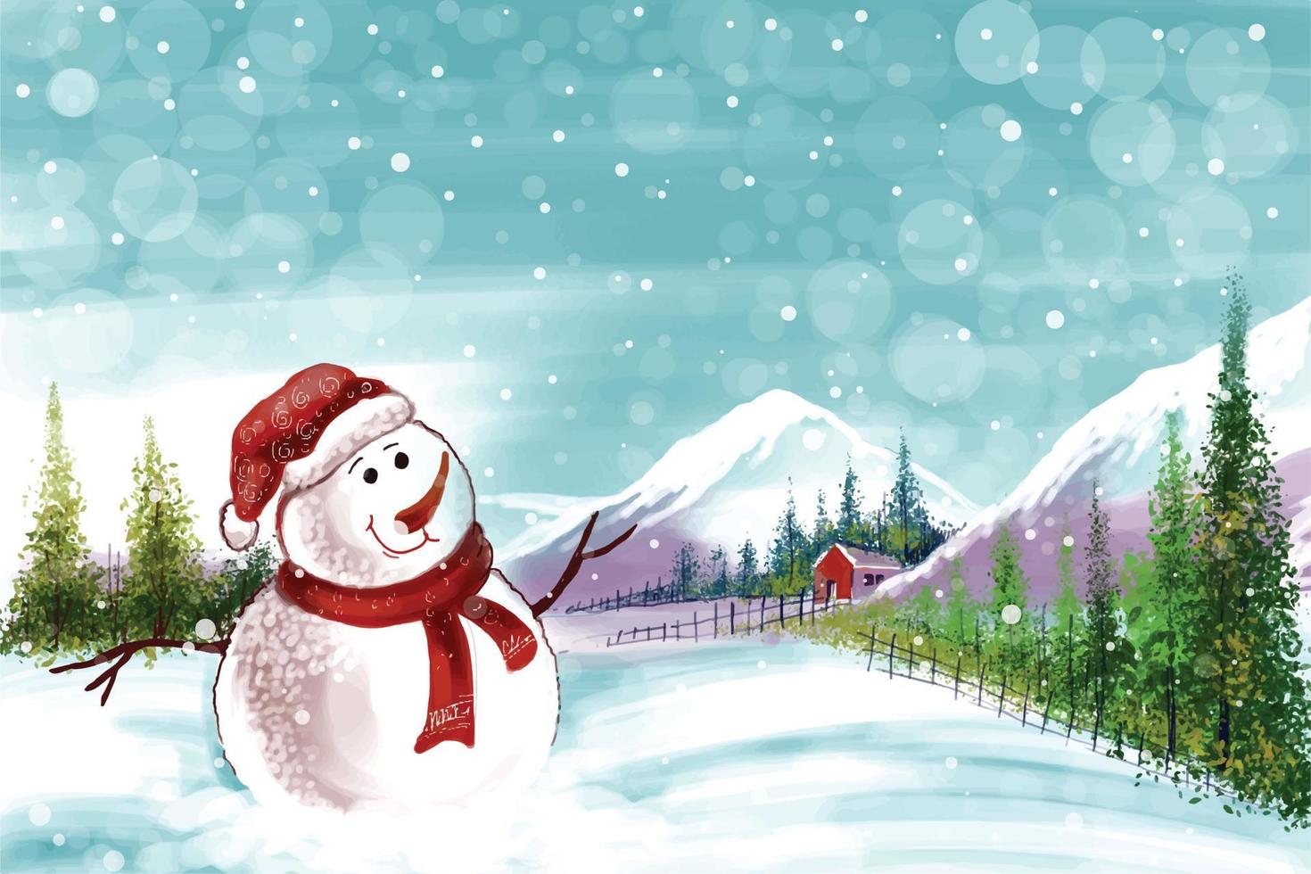 New year and christmas tree winter landscape background with snowman card design vector