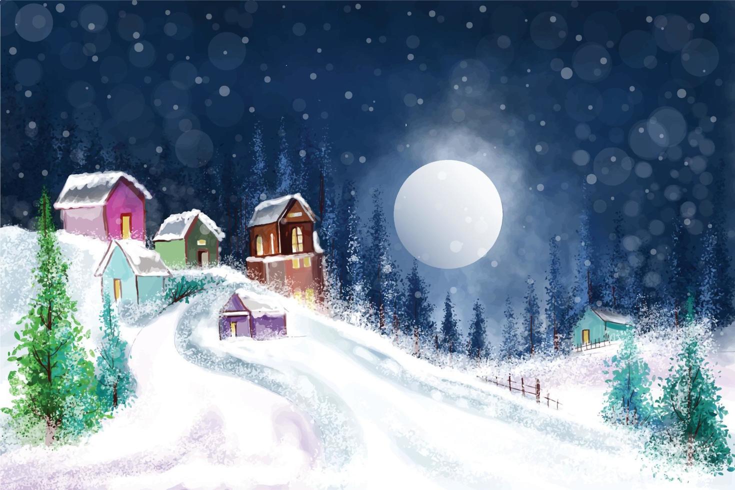 Winter christmas landscape with village houses covered with snow and tree card background vector