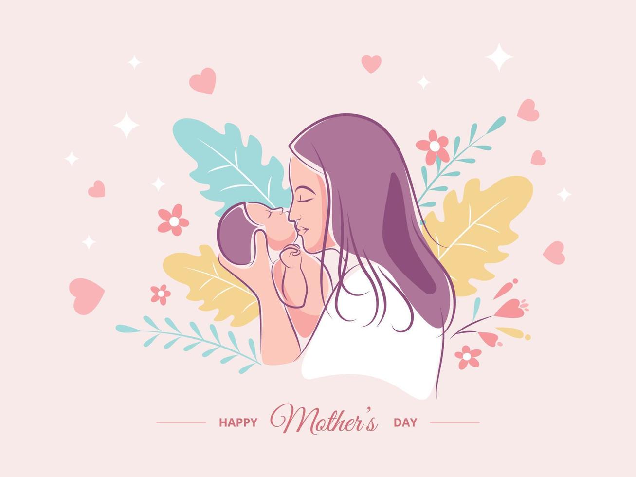 Cute baby with mother minimal vector line artwork happy mothers day