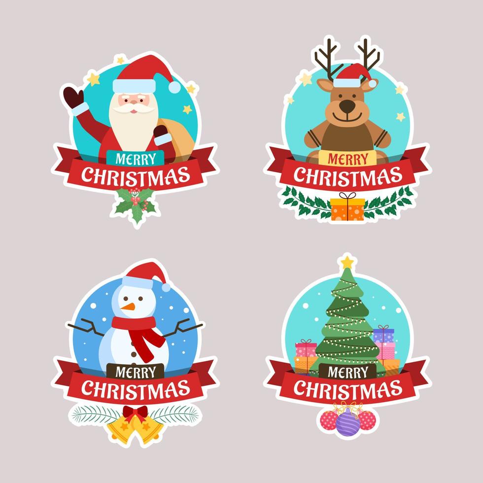 Christmas greeting sticker set with Santa Claus, deer, Christmas tree and snowman vector