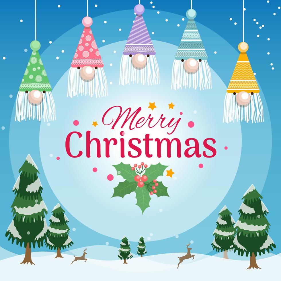 Christmas greeting banner with santa hats decoration and christmas tree with snow background vector