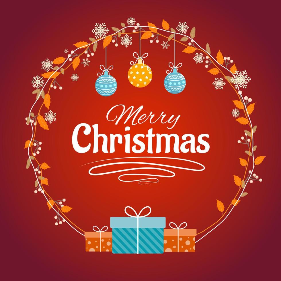 Merry Christmas festive greeting banner with red background and gift boxes vector