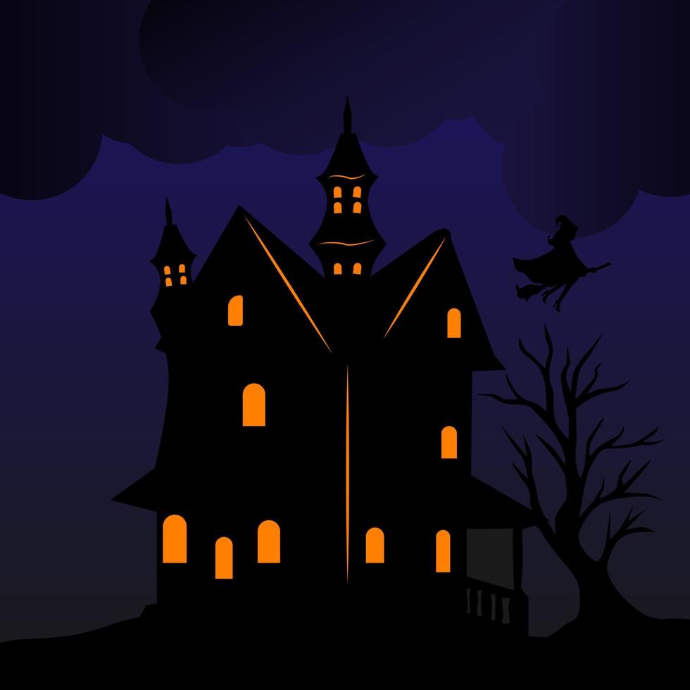 Halloween witch house and haunted tree with horror purple clouds vector