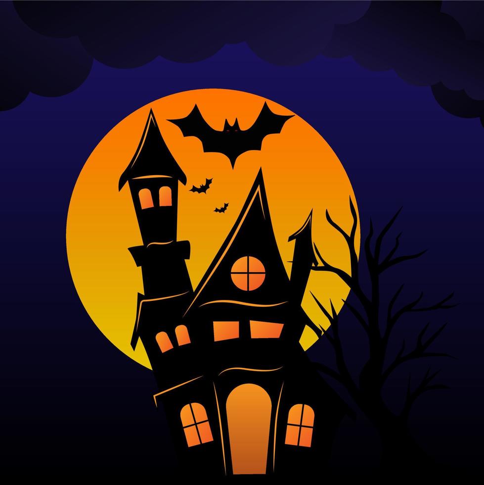 casa espeluznante de halloween y árbol embrujado con luz de luna sobre fondo púrpura. vector