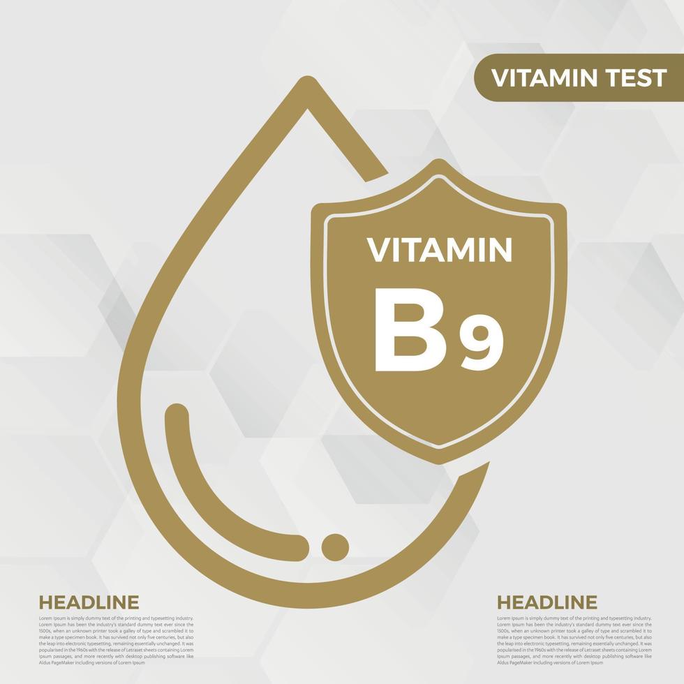 Vitamin B9 icon Logo Golden Drop Shield Protection, Medical background heath Vector illustration