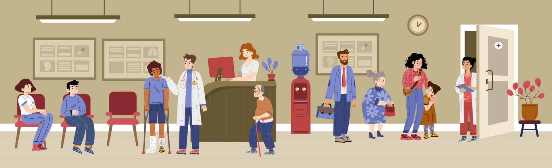 Hospital hall with people waiting in queue vector