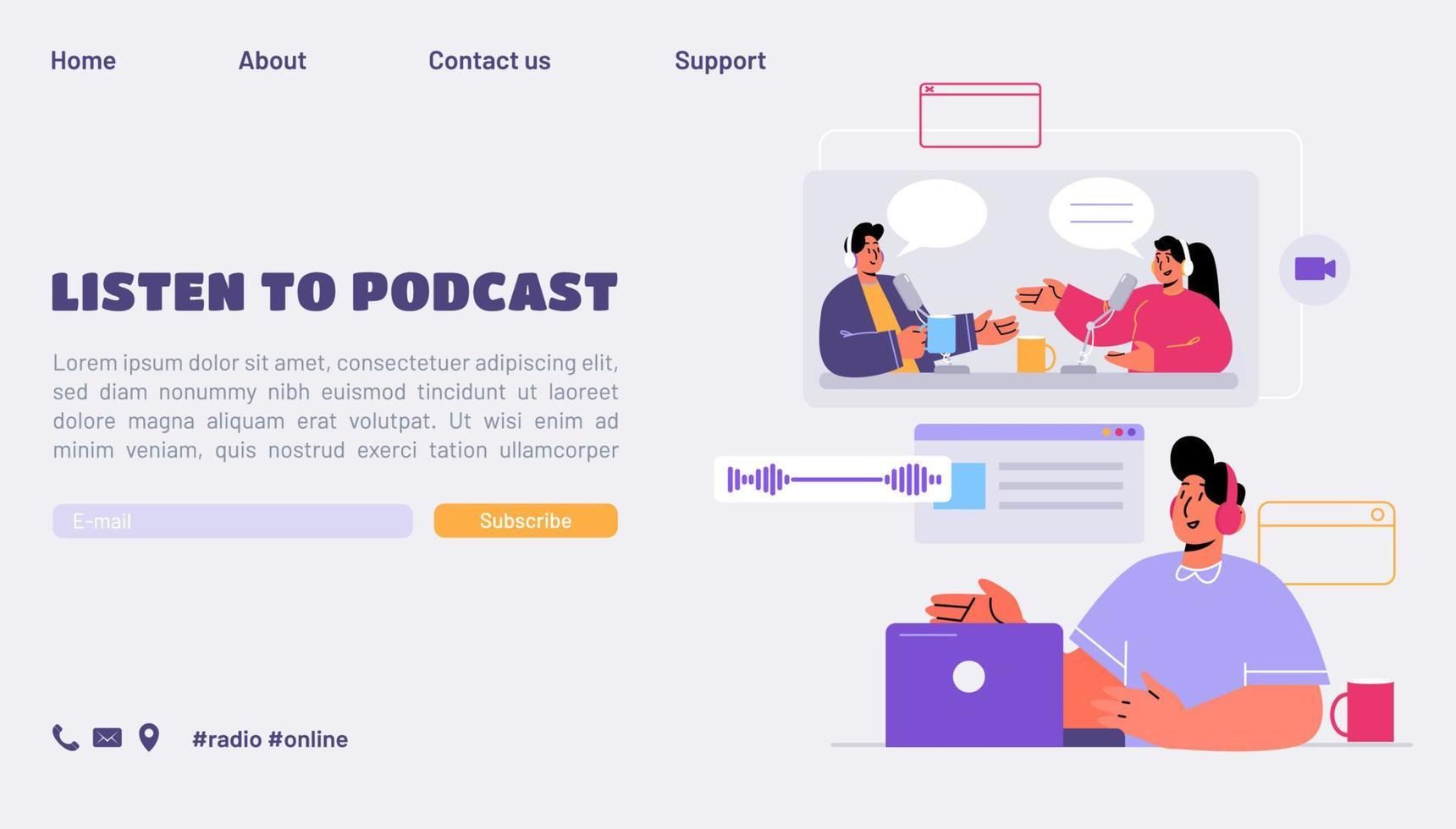 Listen to podcast, online audio broadcast vector