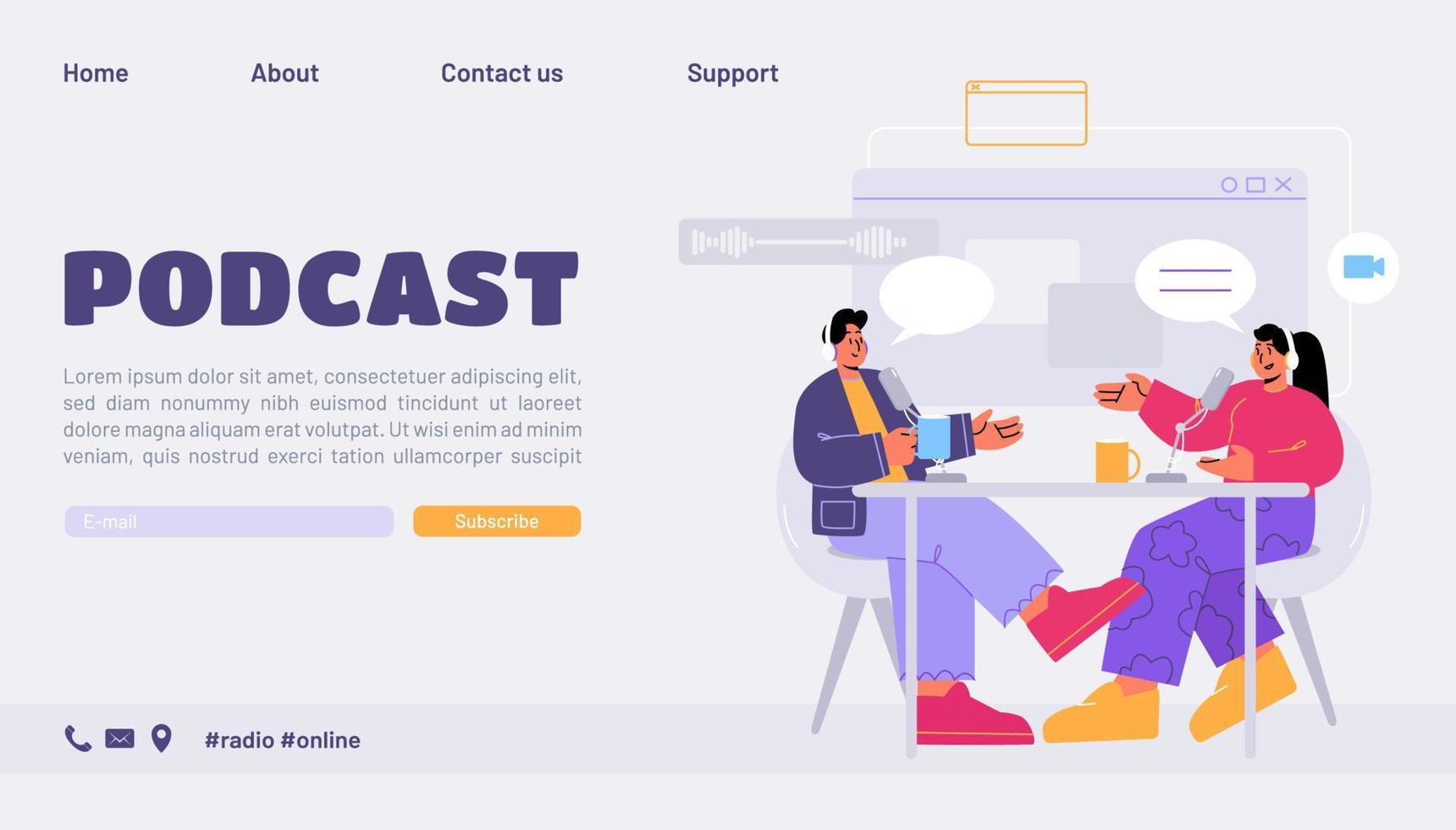 Podcast landing page radio host interviewing guest vector