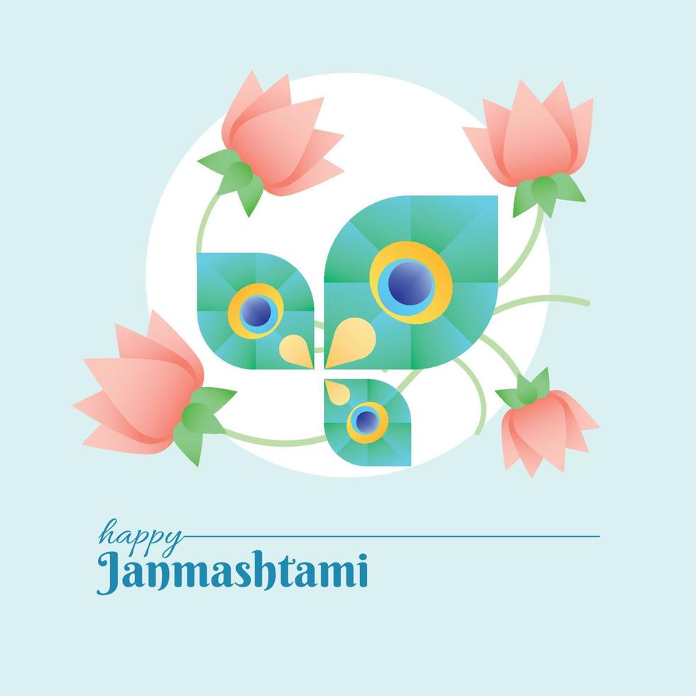 krishna janmashtami banner de redes sociales con plumas de pavo real y flores de loto vector